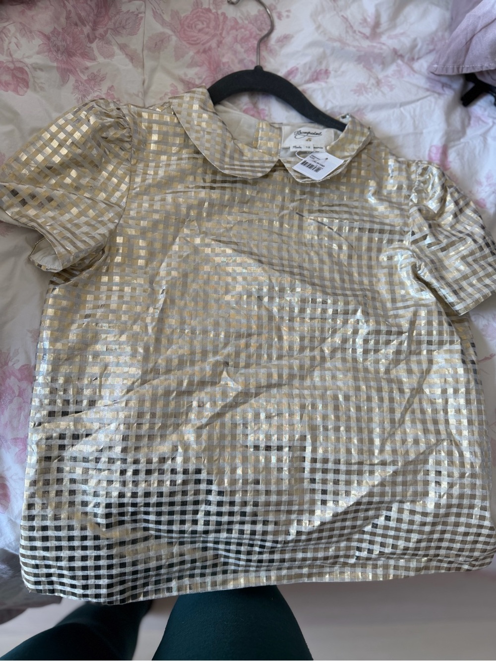Bonpoint Metallic Gold and White Gingham Short-Sleeve Blouse